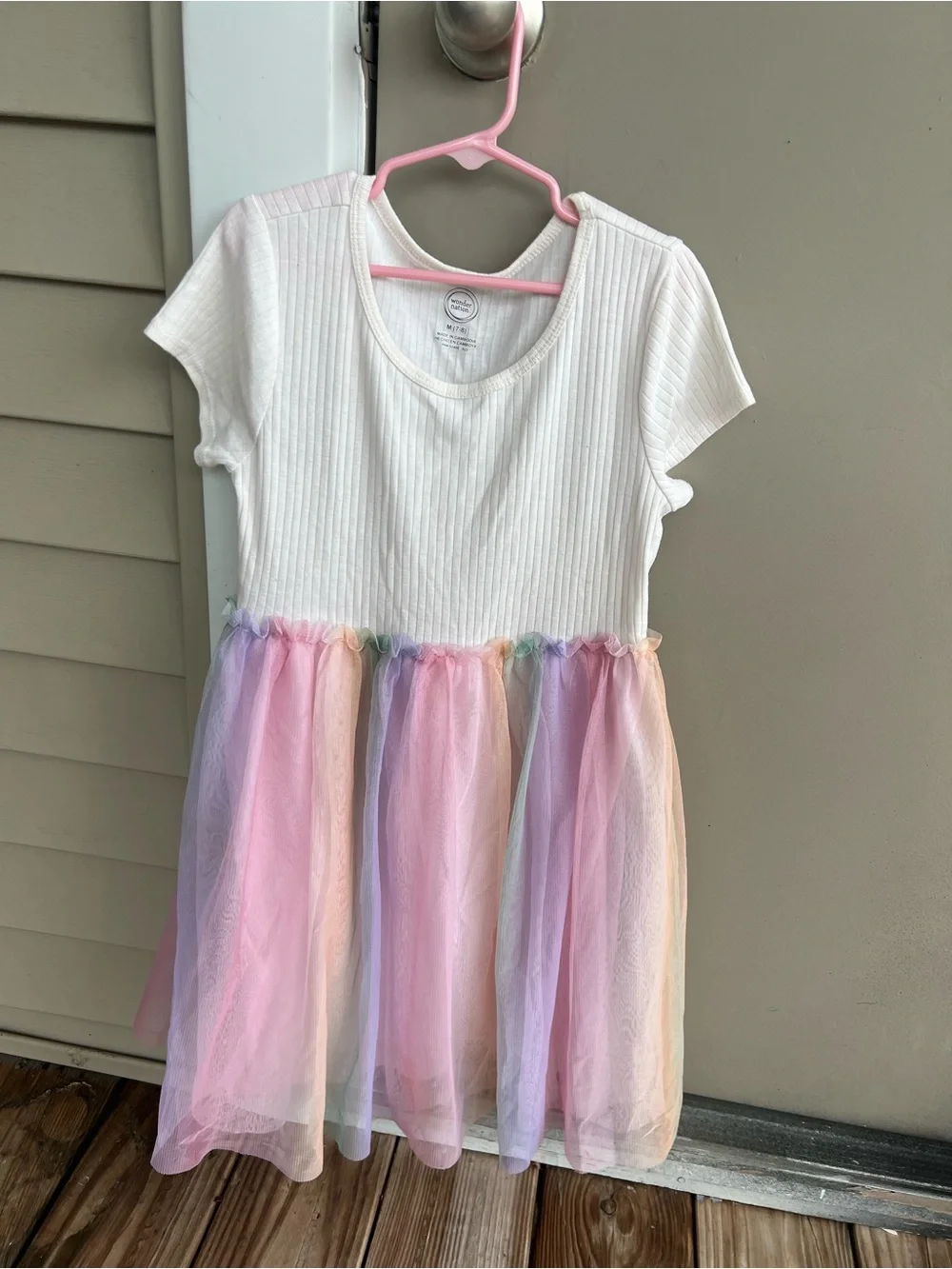 Girls White Dress with Pastel Rainbow Tulle Skirt